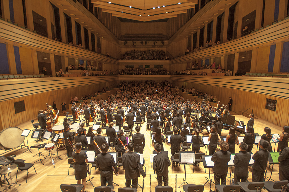 Pespective image from rear of orchestra recieving applause from full concert hall